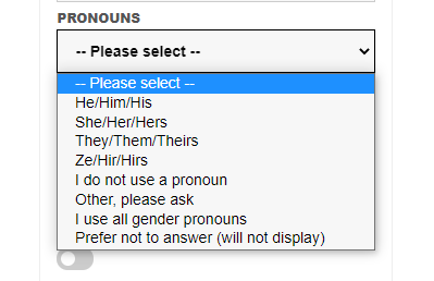 Pronouns drop-down menu